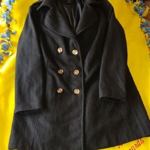 Black Double-Breasted Pea Coat with Wide Lapels